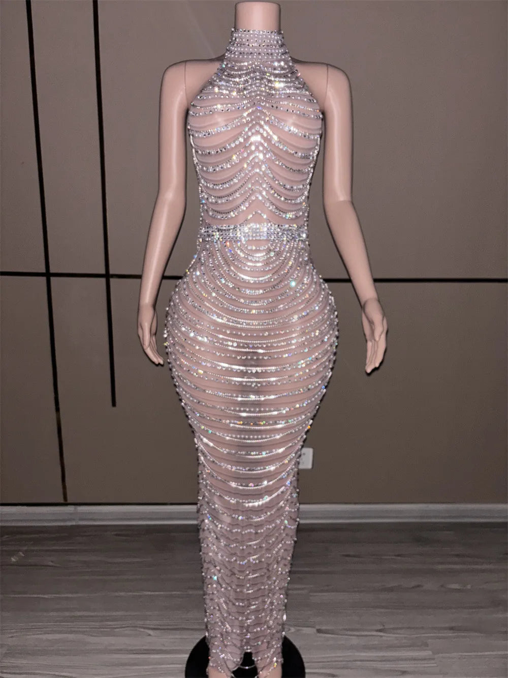 Evening Dresses: Sparkly Rhinestone Pearl Halter Stretch Long Dress Women