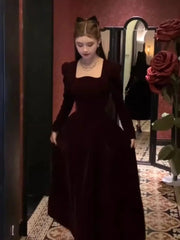 Formal attire Dresses: Vintage Christmas Red Velvet Dress Square Collar Evening Party