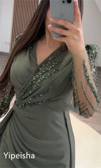 Homecoming Dresses: V-neck Sheath Celebrity Sequin Flowers Fold Satin Prom Dresses