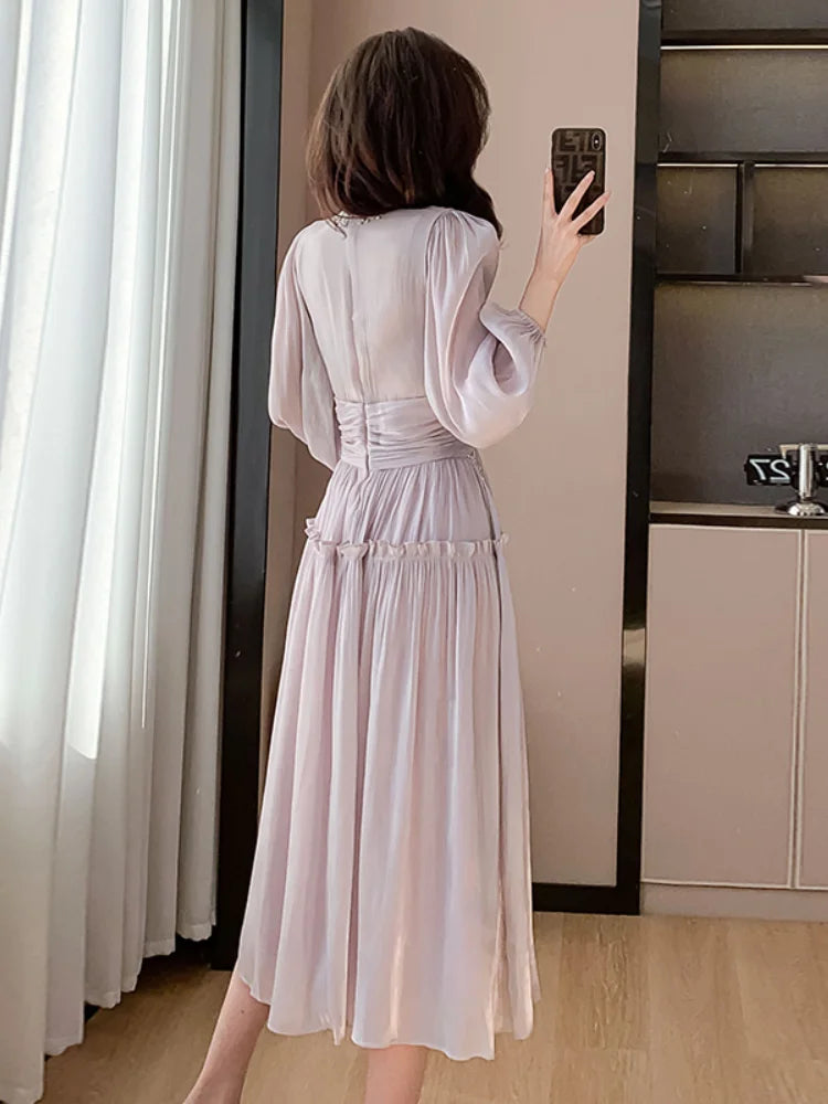 French Women Designer Fashion Organza Stand Collar Party Dress Luxury Spring