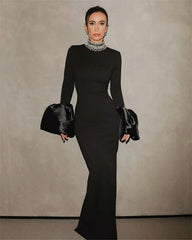 Evening Dresses: Shining Diamonds Neck Flare Sleeve Black Long Bandage Dress