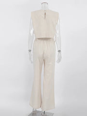 Spring Summer 2023 Women Holiday Linen Pant Set Crop Tops Solid Outfits 2