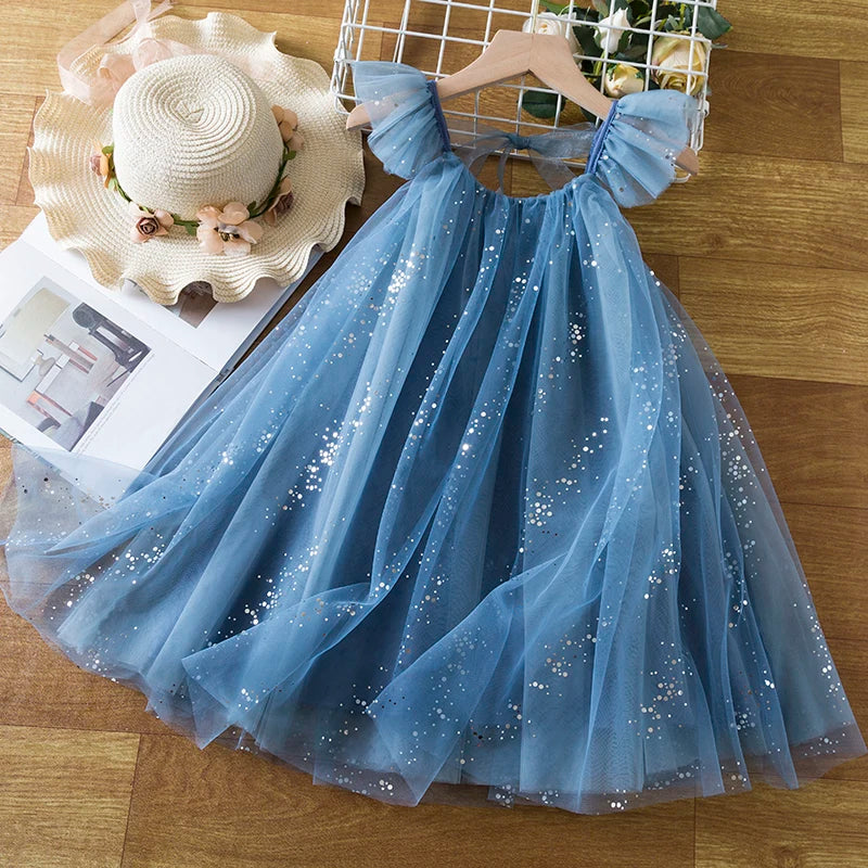 Girls Blue Sequin Summer Dress Kids Evening Party Mesh Princess Costume Toddler