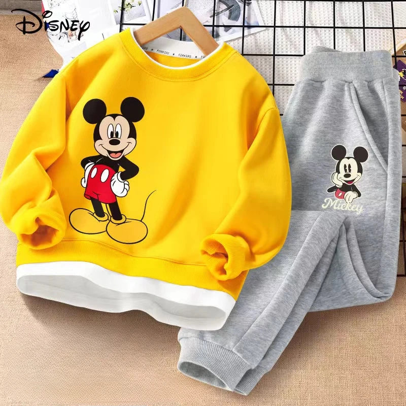 Autumn Baby Girls Boy Clothes Set Children Disney Mickey Printed Sweatshirts Pullover Top And Pants Suit Kid Faux Tracksuits
