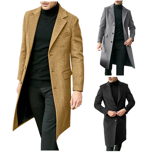 mens coats Autumn Winter Long Trench Coat woolen Solid Color Mid-Length