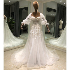 White Bridesmaid Dresses: Detachable Sleeve Bride A-Line Wedding Dress