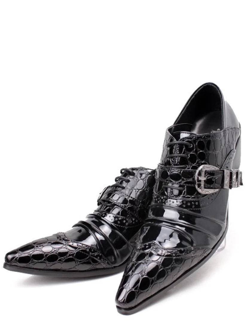 Black Leather Men Pointed Toe Dress Shoes Lace Up Oxford Shoes
