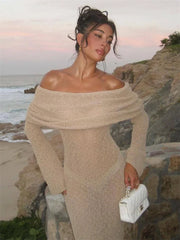 Tossy Knit Hollow Out Off-Shoulder Maxi Dress Female Cover up See-Through Sleeve