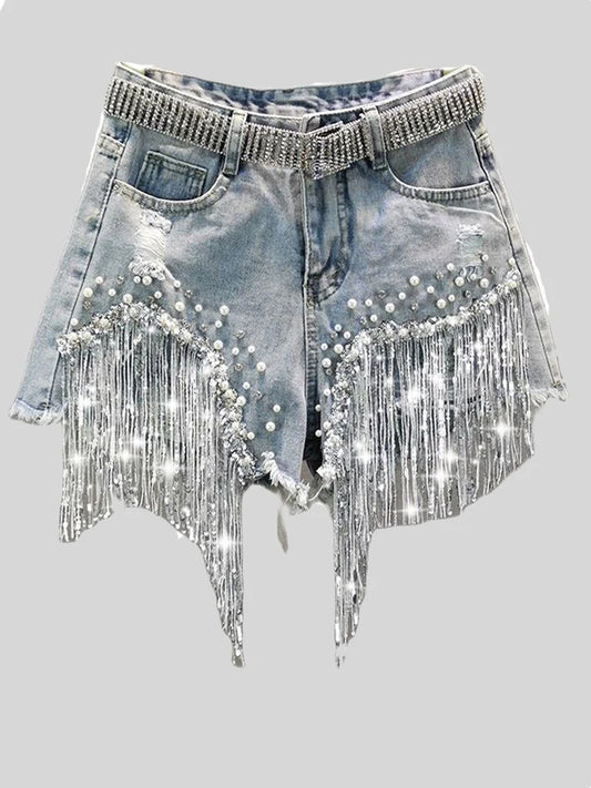 Waist Beads Tassel Women's Denim Shorts Summer Beading Wide Leg Thin