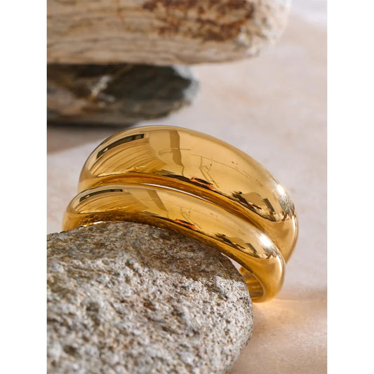 Yhpup 18K Golden PVD Plated Stainless Steel Double Layer Cuff Statement Bracelet Bangle Smooth Metal Texture Attractive Jewelry