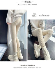 Slim Leggings Autumn Women High Waist Casual Trousers Knitted Ribbed Thicken Solid