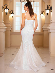 Homecoming Dresses: V Neck Sequined Mermaid White Wedding Party Dress