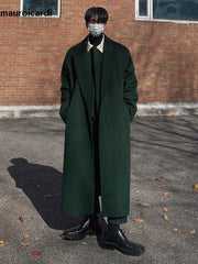 Autumn Winter Long Warm Oversized Soft Dark Green Black Woolen Coat Men