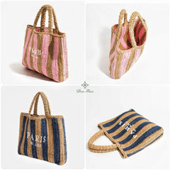 Women Fashion Striped Summer Beach Straw Knitting Shoulder Bag Hollow Out