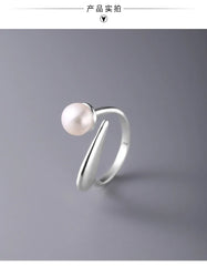 925 Sterling Silver Round Pearl Ring Wedding Adjustable Rings For Women Jewelry