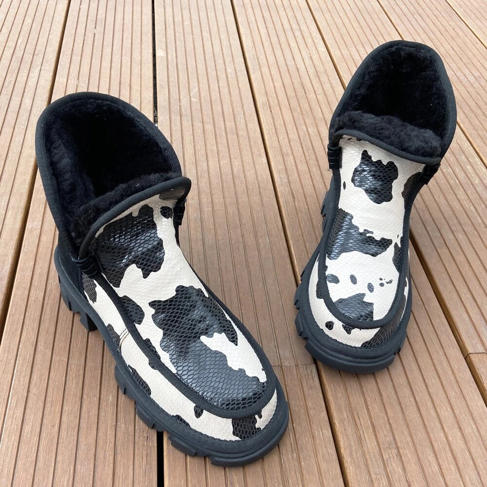 Women Winter Ankle Boots Ladies Chunky Heels Wool Snow Boots