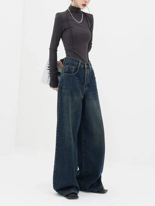 Y2K High Waist Retro Blue Dark Straight Jeans Female Original Korean