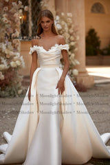 White Bridesmaid Dresses: Train Women Long Dresses Party Satin Fabric 3D Blossoms