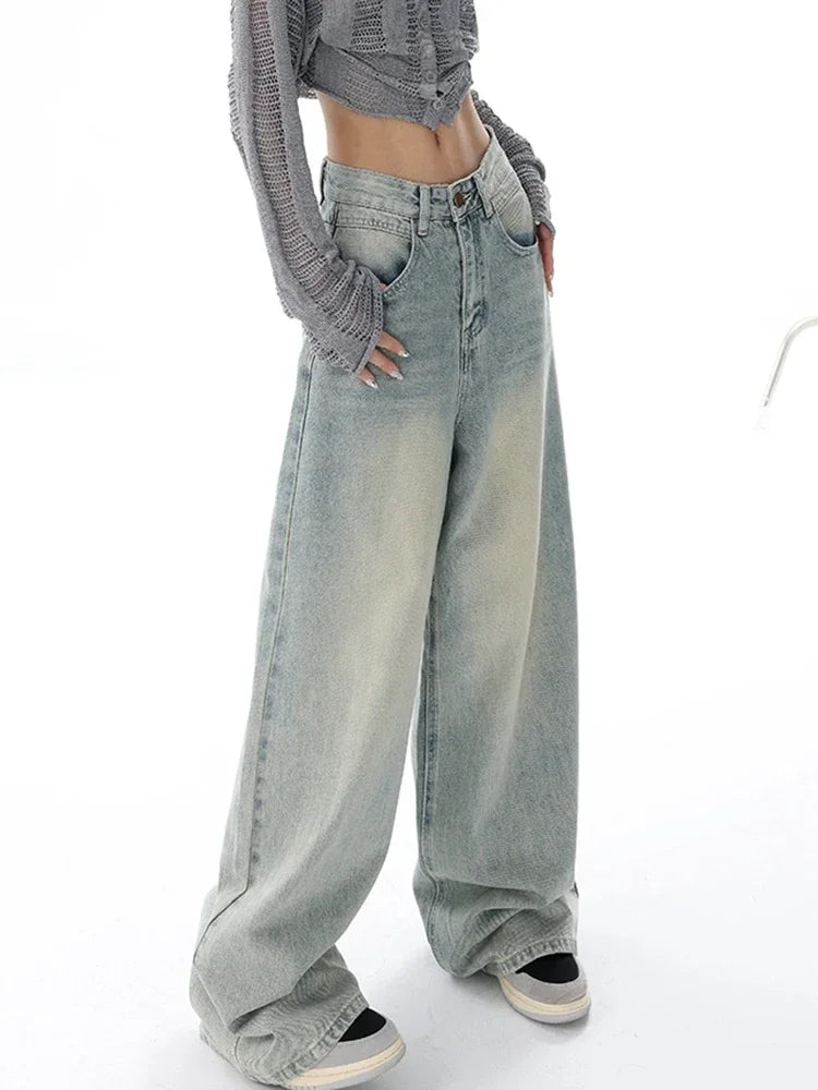 Waisted Jeans Women Autumn Button Full Length Wide Leg Denim Pants