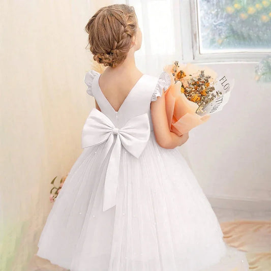 Elegant Pink Fluffy Girl Dresses Birthday Tulle Sleeveless Bow Pearls Princess Wedding Party Gown Kids Piano Performance Costume
