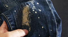 Jeans for Men Straight Cropped Trousers Graphic Motorcycle with Print Pockets Male