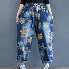 Oversized Women High Waist Floral Print Harem Jeans Woman Spring Autumn Casual