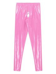 Womens Wet Look PVC Leather Open Crotch Butt Leggings High Waisted Crotchless