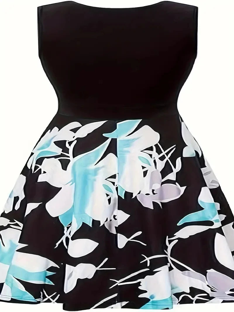 Summer floral print patchwork, V-neck sleeveless mid-stretch, loose plus size dress