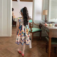 Girls' Set 2024 Summer Casual Dress Flying Sleeve Graffiti Painting Dress