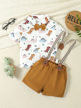 2-piece set of summer gentlemen's clothing for boys, cute dinosaur pattern bow short sleeved shirt+strap shorts, birthday party