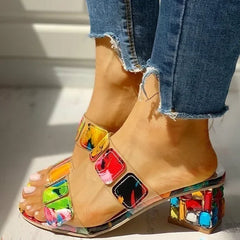 Sandals Women Square Heels Summer Sandals Peep Toe Ladies Multi Colors Wedge