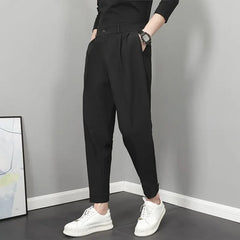 Korean Style Ankle Tied Cropped Casual Pants for Men, Draping Slim-Fit