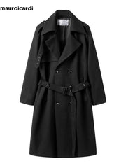Autumn Winter Long Oversized Windproof Black Warm Woolen Coat Men