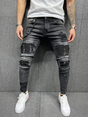Distress Plaid Patch Holes Streetwear Ripped Skinny Jeans Men Biker Slim Elastic