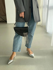 Women Genuine Leather Slingbacks Pointed Toe Block Mid Heels Pumps