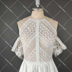White Bridesmaid Dresses: Bohemian Cutout Lace Halter Wedding Dress A Line