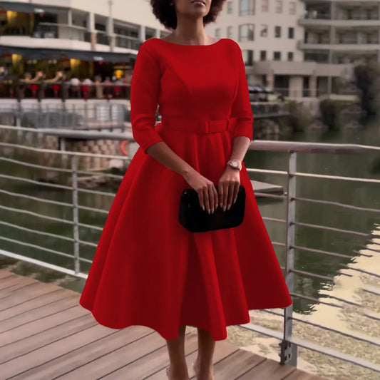 Women Vintage Evening Party Dresses Summer Casual long sleeve Solid Color Ladies