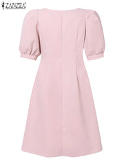 Fashion Women Square Neck Short Sleeve Party Sundress Casual Knee-length