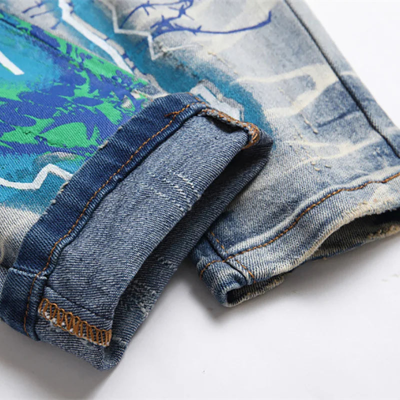 Men Print Jeans Streetwear Letters Lightning Painted Stretch Denim Pants Vintage