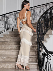 Evening Dresses: Maxi Dress Women Beige Sleeveless Backless Bodycon