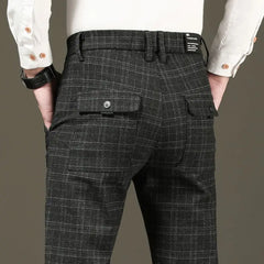 Suit Trousers Straight Slim Fit Social Tailoring Check Plaid Tressed Men's Summer Pants