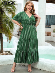 Plus Size Polka Dot V-Neck Butterfly Sleeve Dress Women Summer