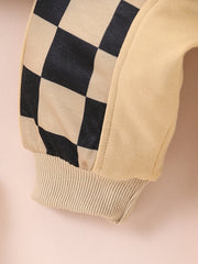 2-piece set of fashionable and casual round neck patchwork plaid long sleeved hoodie and pants for baby boys, autumn and winter