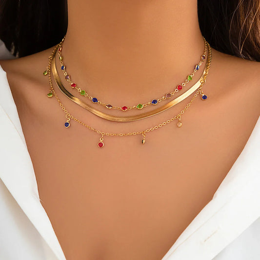 IngeSight.Z 2026 Trendy MultiLayered Color Crystal Chain Choker Necklace for Women Boho Flat Snake Chain Clavicle Short Necklace