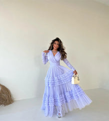 Homecoming Dresses: Prom Dress V Neck Long Sleeve Tulle Formal Occasion