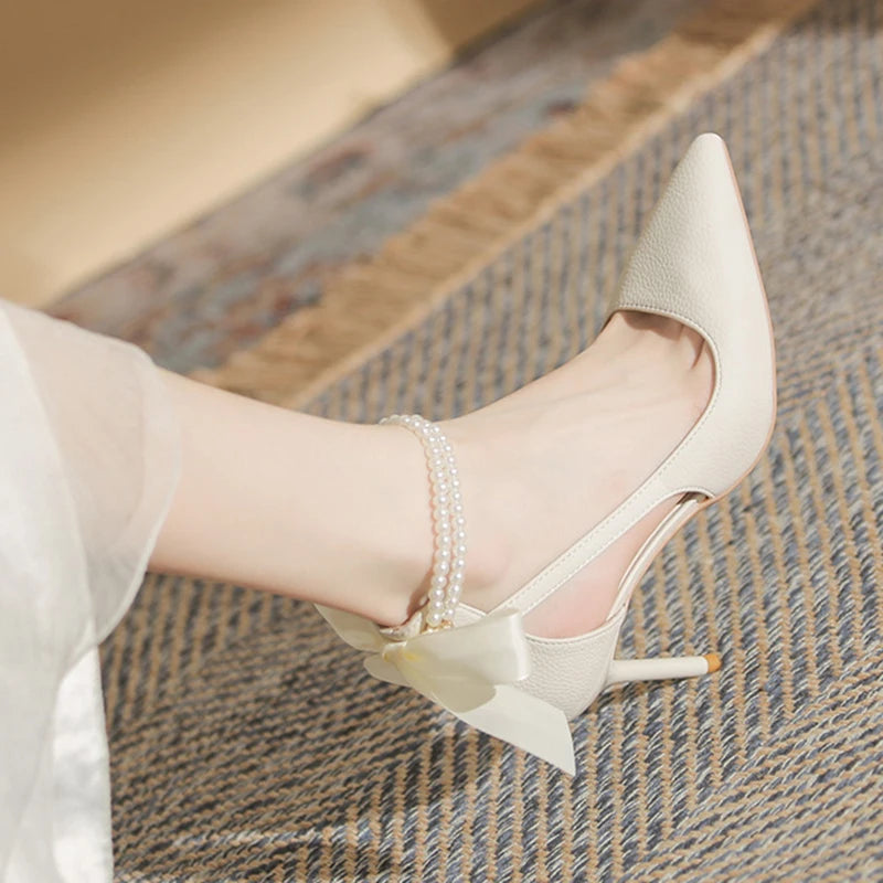 Elegant Ladies White Pearls Ankle Strap Pumps for Wedding Women Silk Back