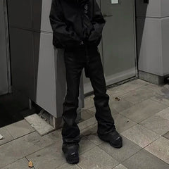 Y2k Streetwear Wax Leather Stretch Jeans for Men and Women Ropa