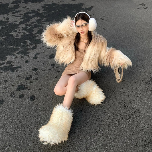 Winter Warm Plush Snow Boots for Women Furry Fluffy Faux Mongolian Fur Boots