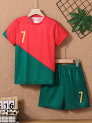 2025 Youth and Children Red and Green Splicing Color No. 7 Legend Quick-drying Sports Football Suit Set