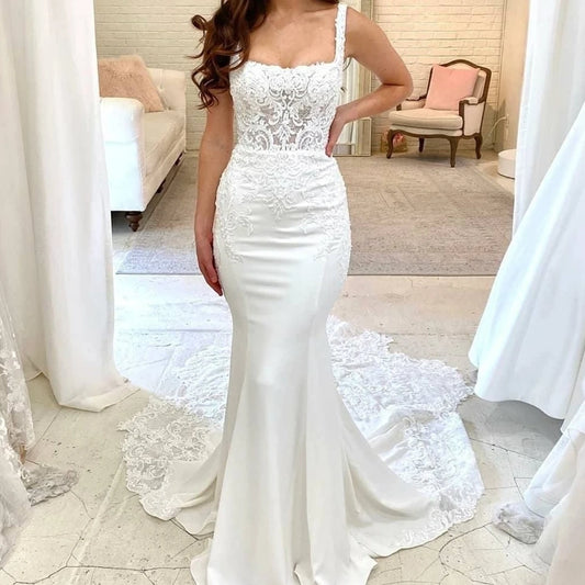 White Bridesmaid Dresses: Wedding Dress Square Collar Lace Appliques For Women